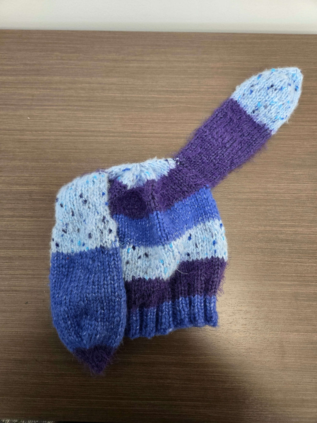 Bunny Hat with unique texture in blue and purple shades, warm and perfect for cold seasons.