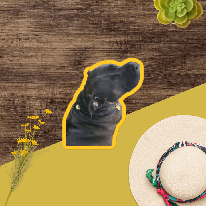 Sunny Girl sticker of a black dog surrounded by flowers and a hat on a wooden background.