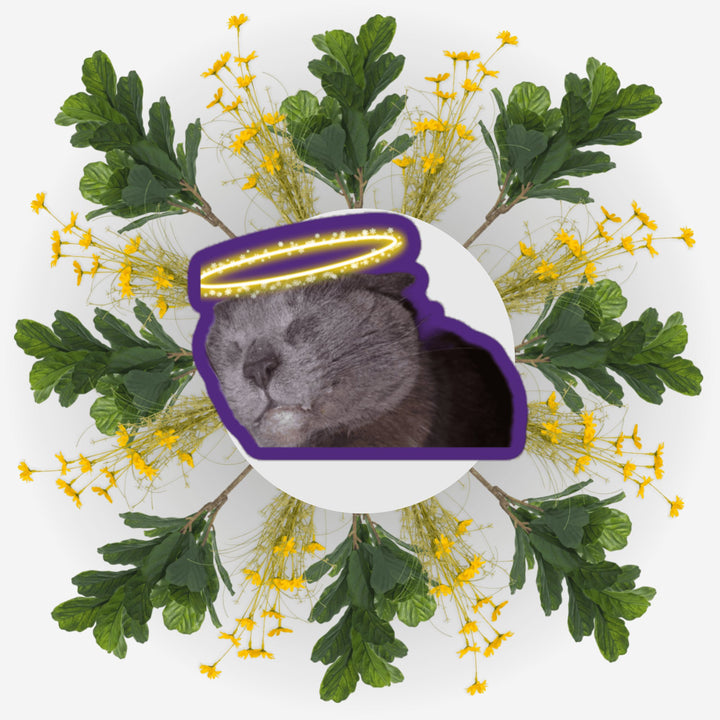 Sleeping Angel sticker featuring a cat with a halo, surrounded by flowers and leaves, symbolizing love and remembrance.