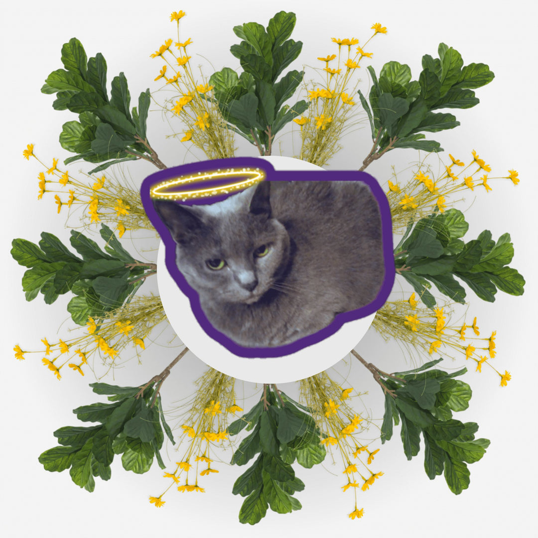 Loafing Angel sticker featuring a cat with a halo, surrounded by yellow flowers and green leaves.
