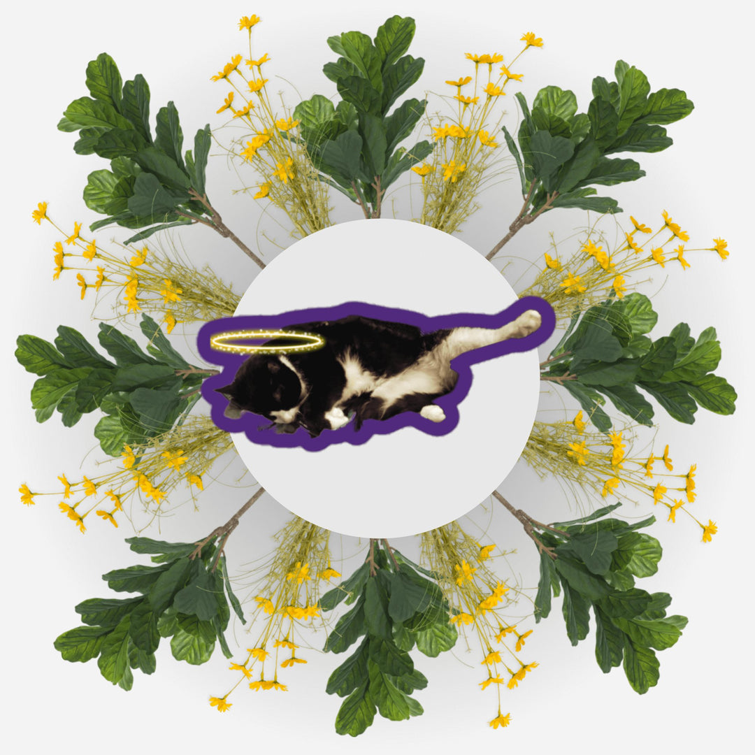 Sleeping Yoga Bubs Ver. sticker surrounded by flowers and leaves, symbolizing love and remembrance.