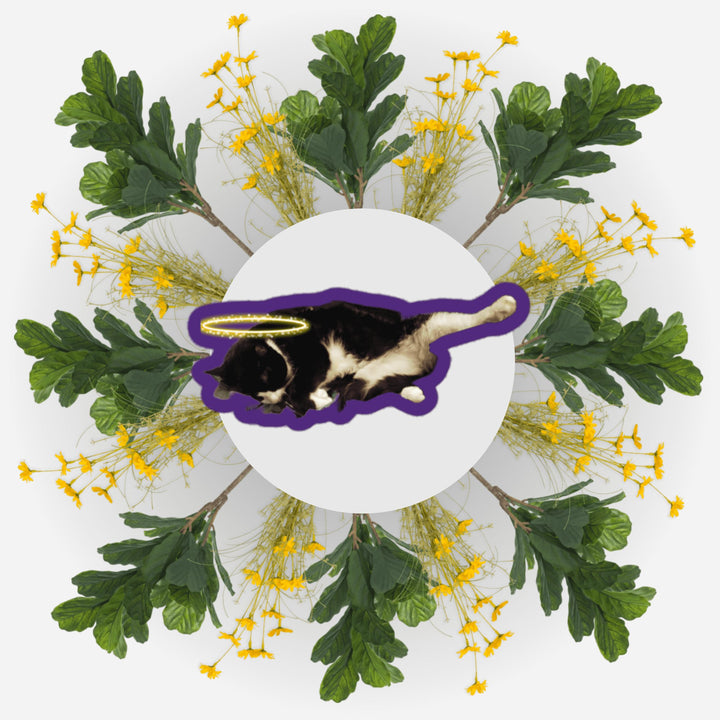 Sleeping Yoga Bubs Ver. sticker surrounded by flowers and leaves, symbolizing love and remembrance.