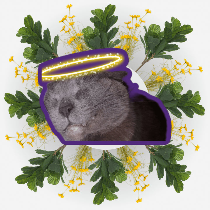 Sleeping Angel sticker featuring a serene cat surrounded by flowers and leaves.