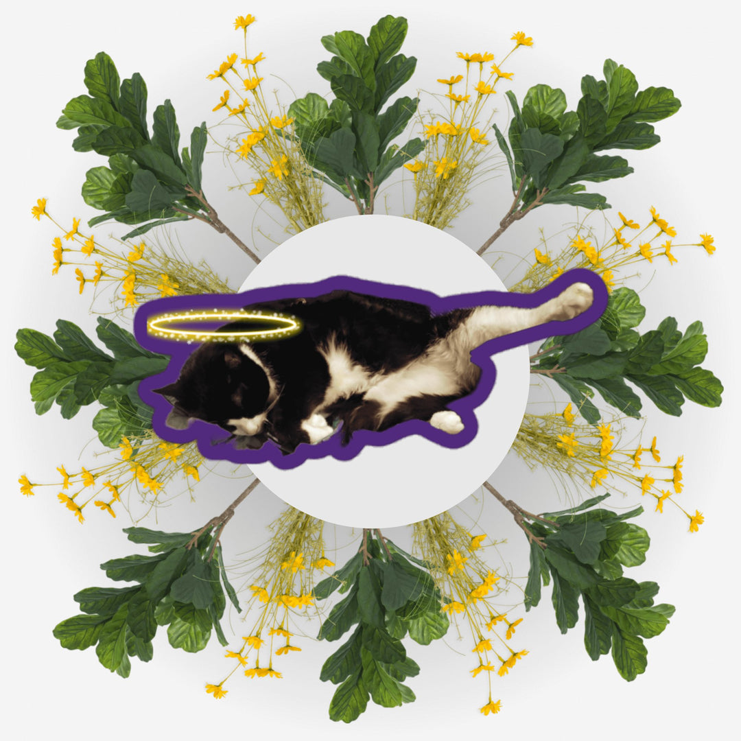 Sleeping Yoga Bubs Ver. sticker design featuring a cat surrounded by flowers and leaves.