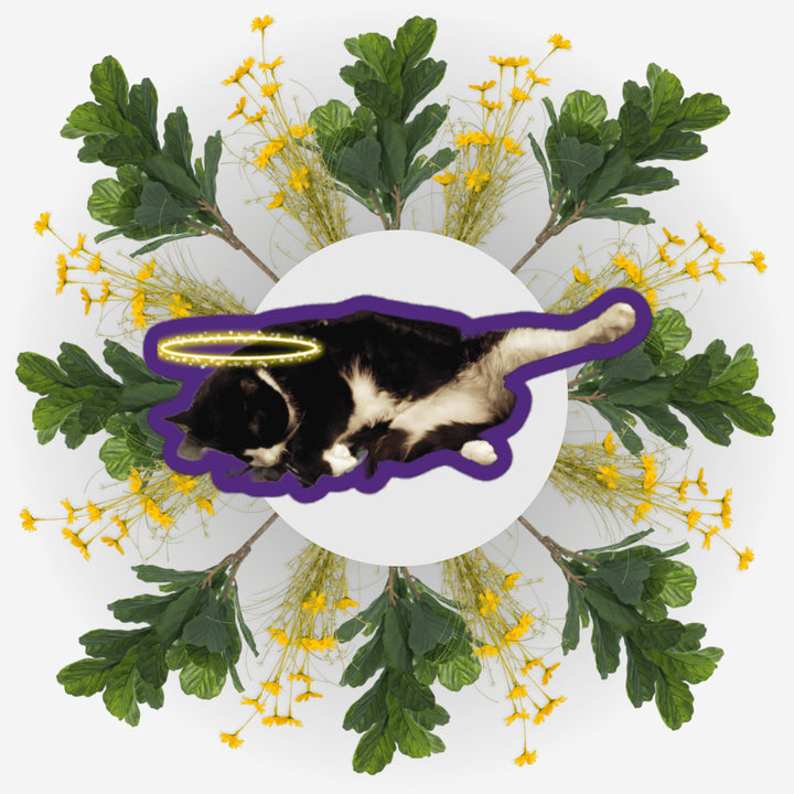 Sleeping Yoga Bubs Ver. sticker design featuring a cat surrounded by flowers and leaves.