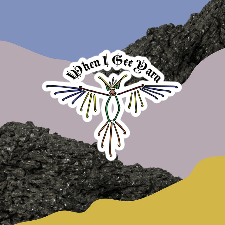 Sticker design featuring a bird and the phrase When I See Yarn (Crochet Version) on a textured background.
