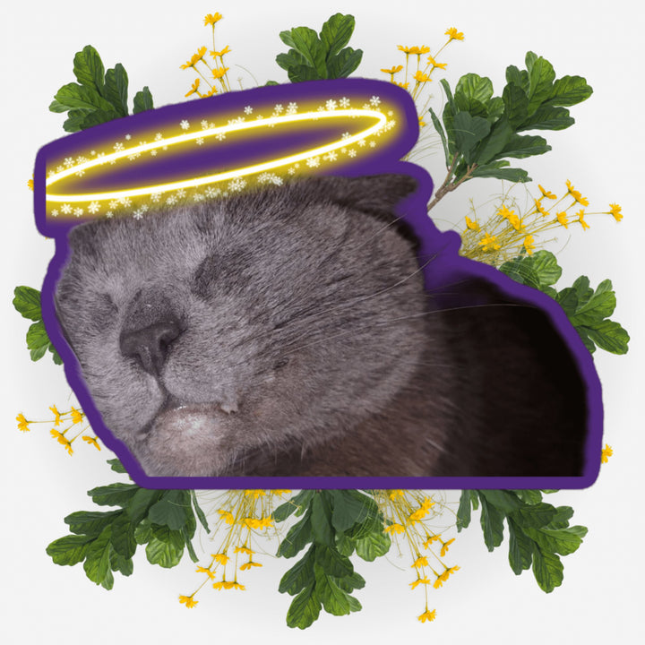 Sleeping Angel sticker featuring a cat face with a halo and floral background, symbolizing love and remembrance.