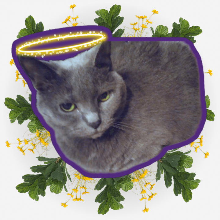Loafing Angel sticker featuring a cat with a halo, designed to honor beloved pets.