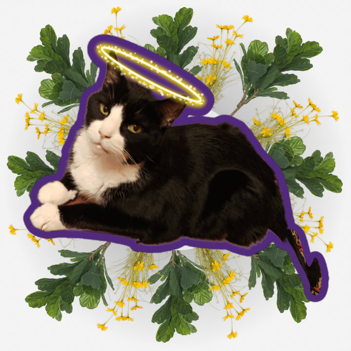 Sitting Pretty Bubs Ver. sticker of a cat with a halo surrounded by flowers and leaves