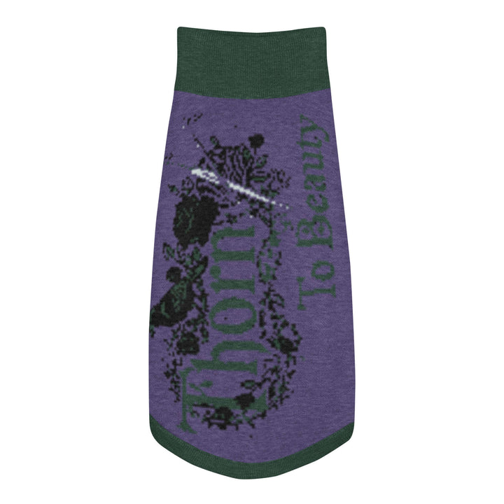 Knitted pet sweater in purple and green with a stylish design, perfect for keeping pets warm and fashionable.