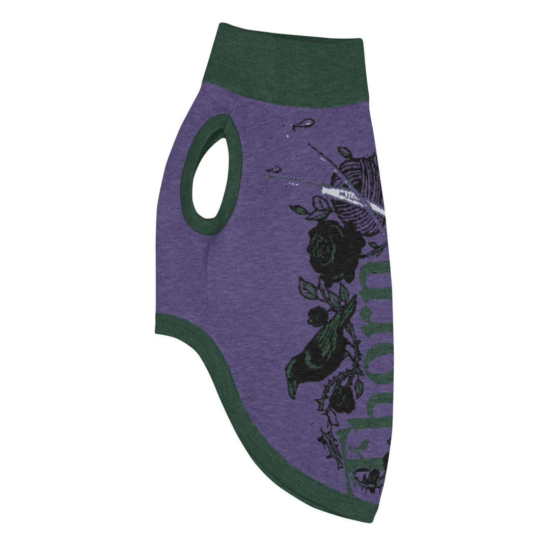 Knitted pet sweater designed with purple and green colors, featuring floral graphics for a stylish and comfy look.