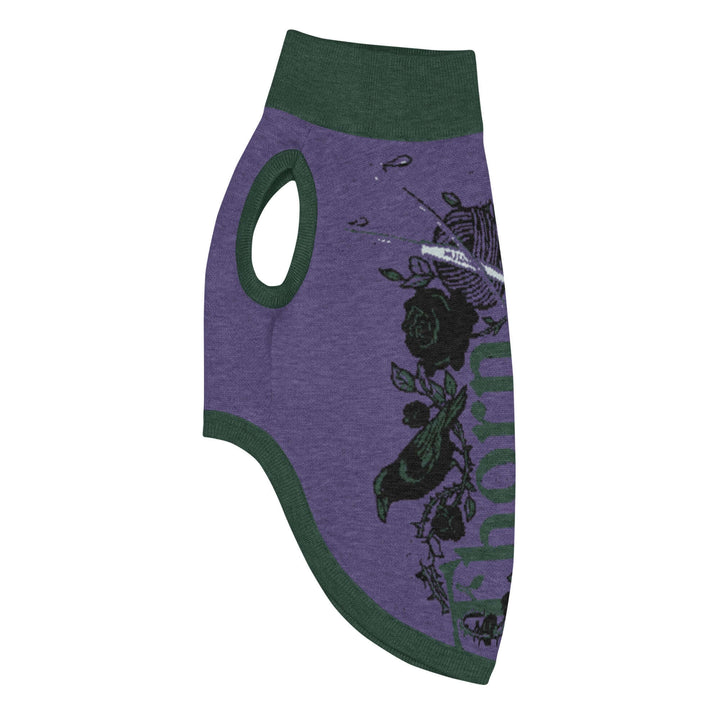 Knitted pet sweater designed with purple and green colors, featuring floral graphics for a stylish and comfy look.