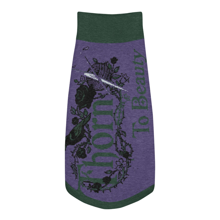 Knitted pet sweater in purple featuring the phrase &