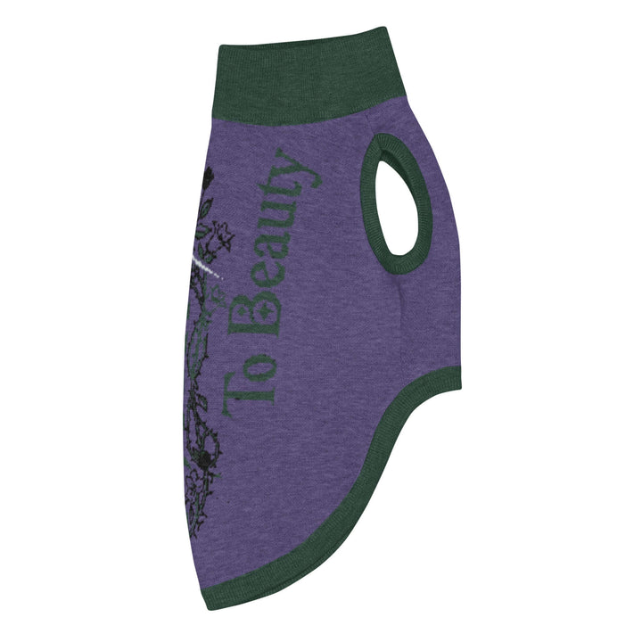 Knitted pet sweater in purple with green accents, featuring the phrase &