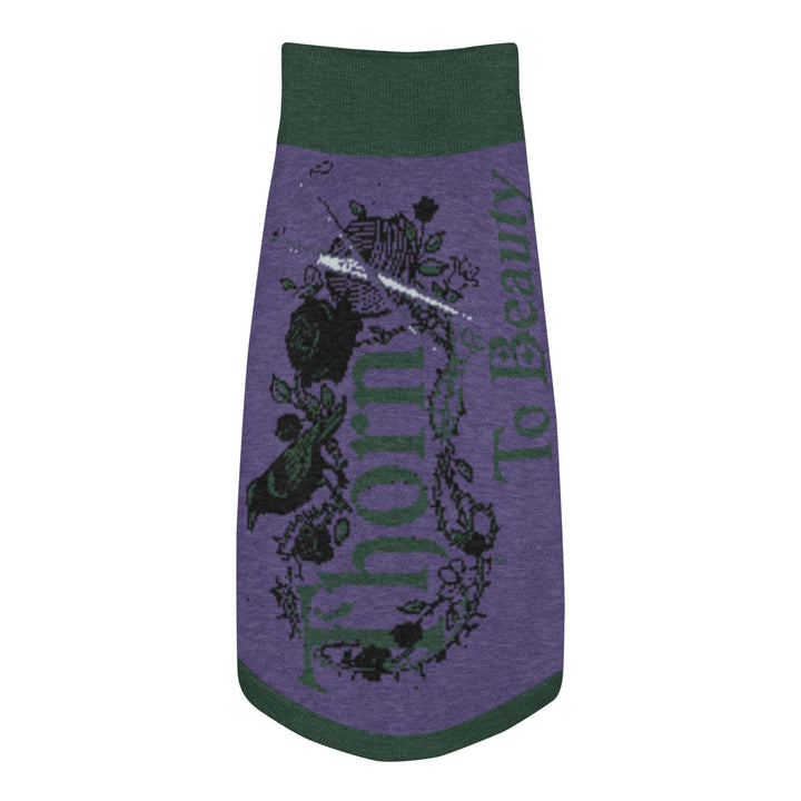 Knitted pet sweater in purple with floral design and green accents for stylish pets.