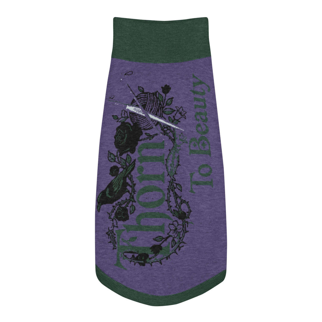 Knitted pet sweater in purple with green trim and floral design, ideal for keeping pets warm and stylish.