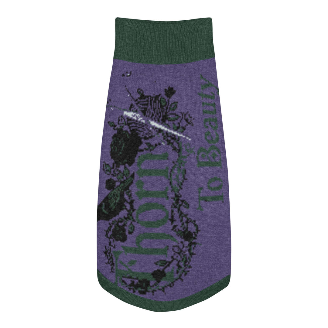 Knitted pet sweater in purple with thorn and beauty design, perfect for keeping pets warm and stylish.