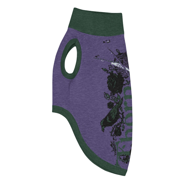 Knitted pet sweater in purple and green with floral design and cutout for pet&