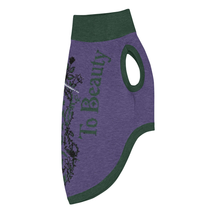 Knitted pet sweater featuring a stylish purple design with the words &