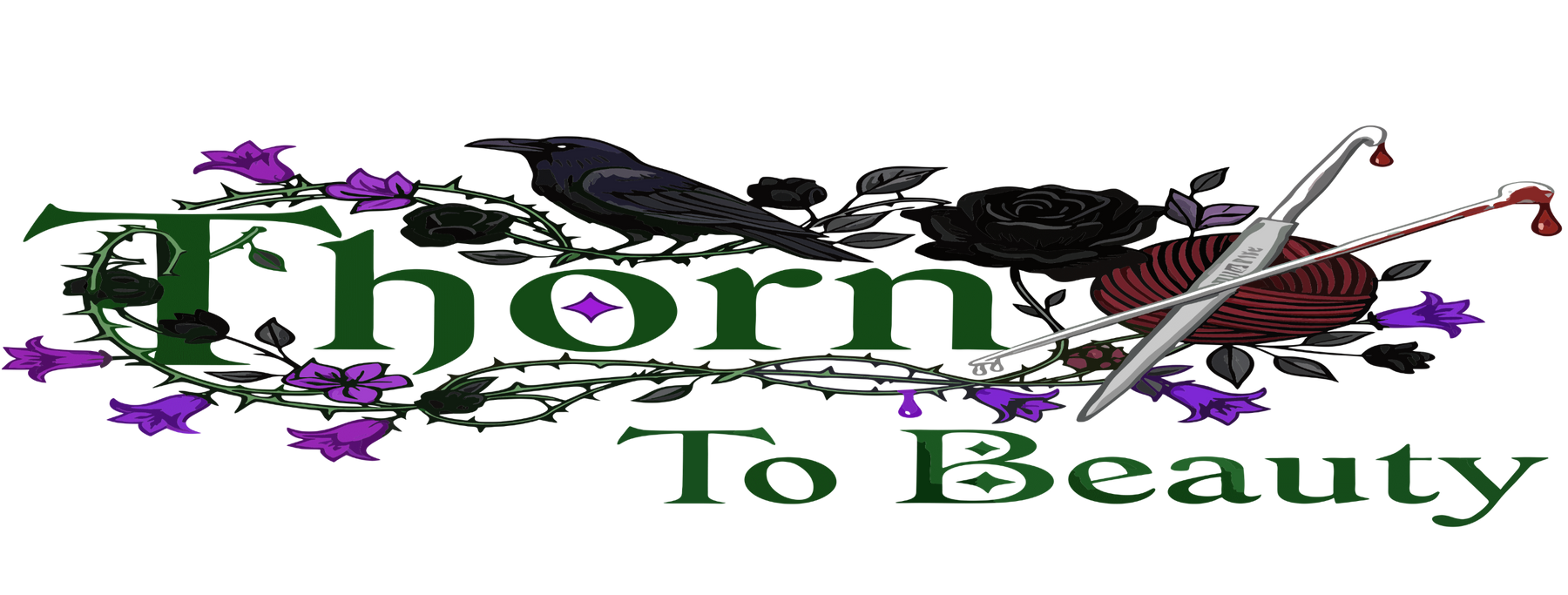 Artistic logo for 'Thorn To Beauty' featuring flowers, a crow, and craft tools, symbolizing transformation and creativity.