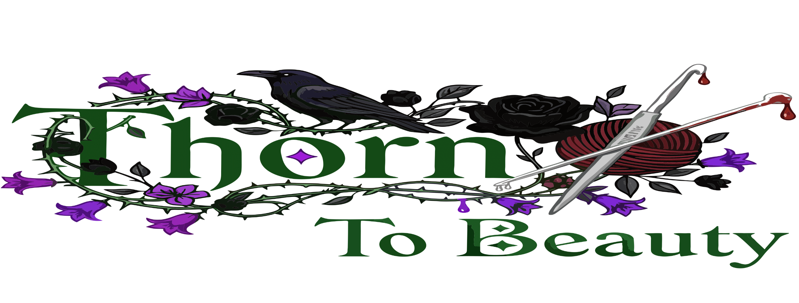 Artistic logo for 'Thorn To Beauty' featuring flowers, a crow, and craft tools, symbolizing transformation and creativity.